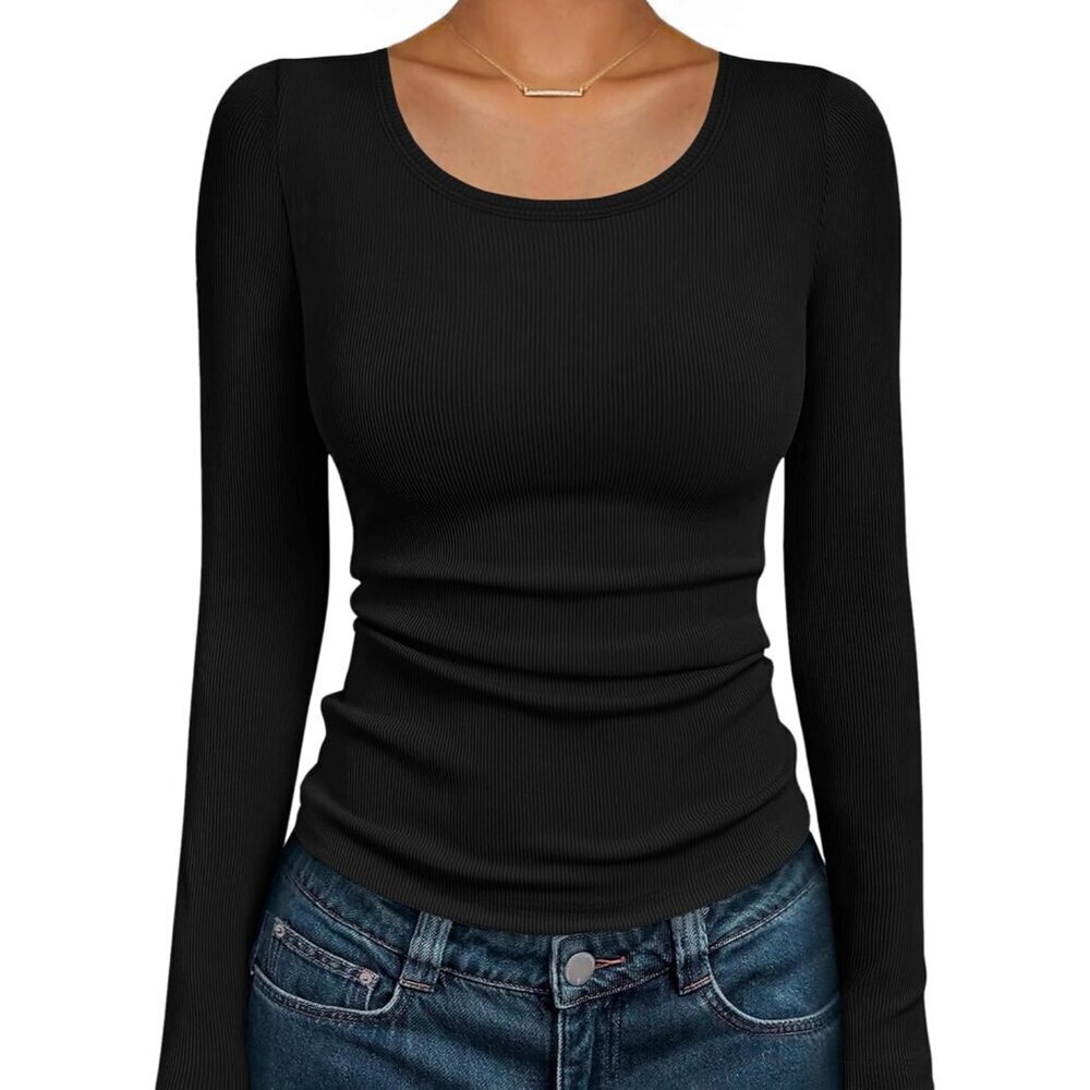 Long Sleeve Ribbed Shirt Fitted Scoop Neck Thermal Top for Women XS-XXL
